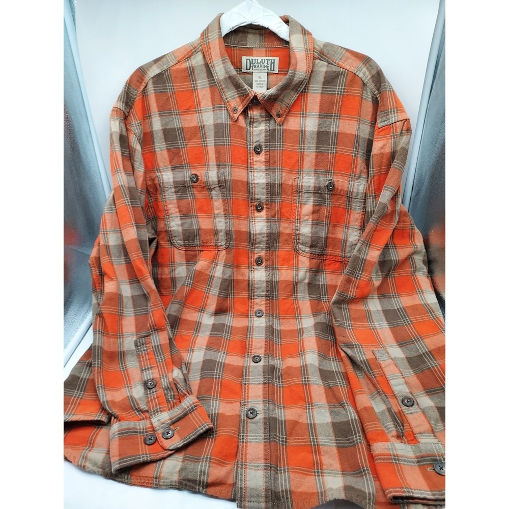 Duluth Trading Co. Mens XL Plaid Flannel Button Down Shirt Orange Brown - Picture 5 of 6
